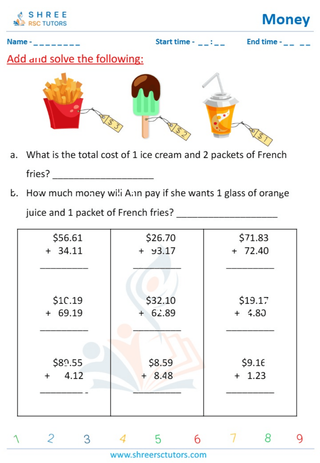 Grade 4  Maths worksheet: Financial literacy - Adding money