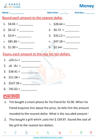 Grade 4  Maths worksheet: Financial literacy - Rounding and estimating money