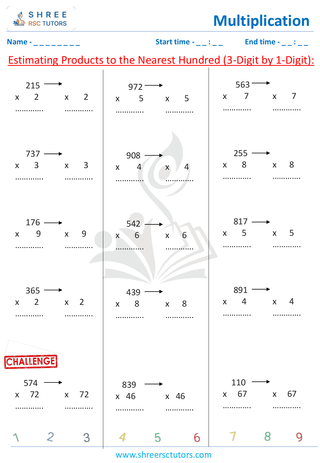 Grade 4  Maths worksheet: Multiplicative operation - Estimating products to the nearest hundred (3-digit by 1-digit)