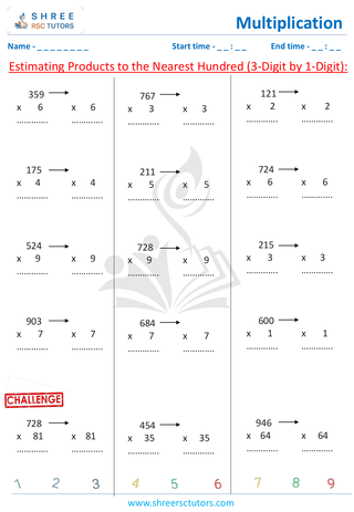 Grade 4  Maths worksheet: Multiplicative operation - Estimating products to the nearest hundred (3-digit by 1-digit)