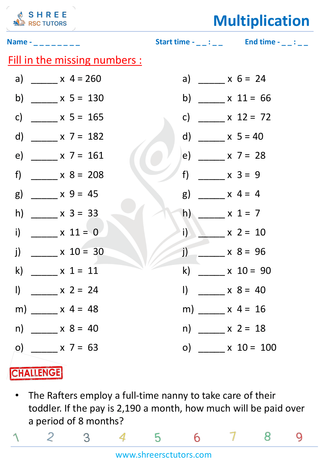 Grade 4  Maths worksheet: Multiplicative operation - Missing operators