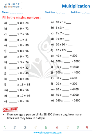 Grade 4  Maths worksheet: Multiplicative operation - Missing operators