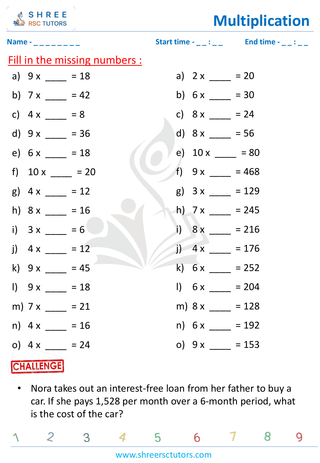 Grade 4  Maths worksheet: Multiplicative operation - Missing operators