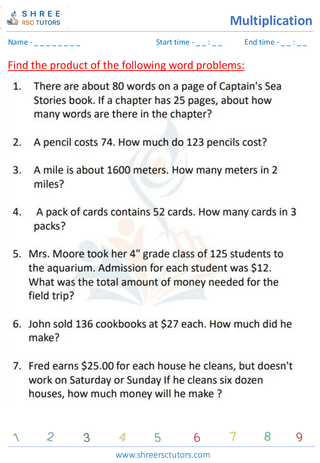 Grade 4  Maths worksheet: Multiplicative operation - Multiplication word problems