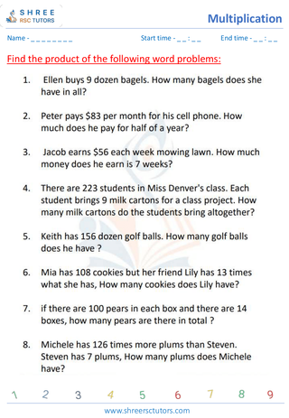 Grade 4  Maths worksheet: Multiplicative operation - Multiplication word problems