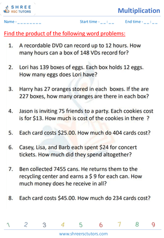 Grade 4  Maths worksheet: Multiplicative operation - Multiplication word problems