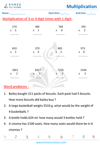 Grade 4  Maths worksheet: Multiplicative operation - Multiplying 3 or 4 digits by single - digit (with word problems)