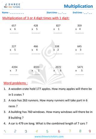 Grade 4  Maths worksheet: Multiplicative operation - Multiplying 3 or 4 digits by single - digit (with word problems)