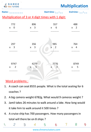 Grade 4  Maths worksheet: Multiplicative operation - Multiplying 3 or 4 digits by single - digit (with word problems)