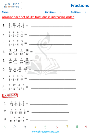 Grade 4  Maths worksheet: Rational numbers - Ascending order (3 terms - unlike fractions)