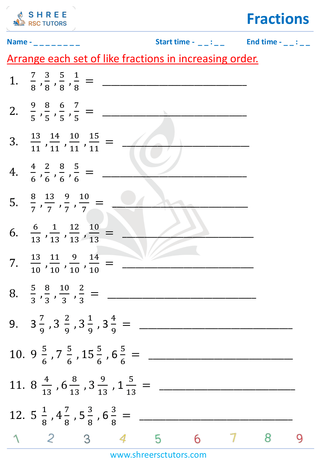 Grade 4  Maths worksheet: Rational numbers - Ascending order (3 terms - unlike fractions)