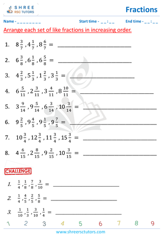 Grade 4  Maths worksheet: Rational numbers - Ascending order (3 terms - unlike fractions)