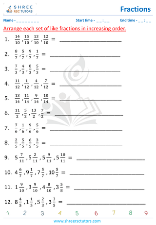 Grade 4  Maths worksheet: Rational numbers - Ascending order (3 terms - unlike fractions)