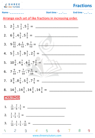 Grade 4  Maths worksheet: Rational numbers - Ascending order (3 terms - unlike fractions)