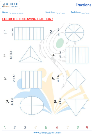 Grade 4  Maths worksheet: Rational numbers - Coloured fractions