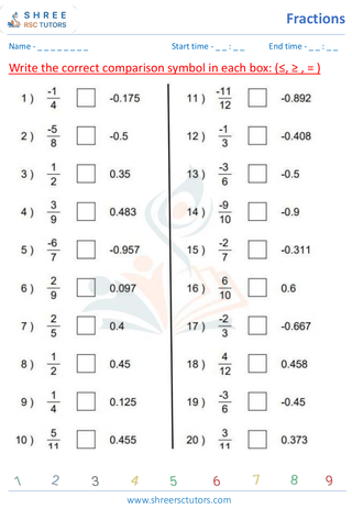 Grade 4  Maths worksheet: Rational numbers - Comparing decimals (up to hundredths)