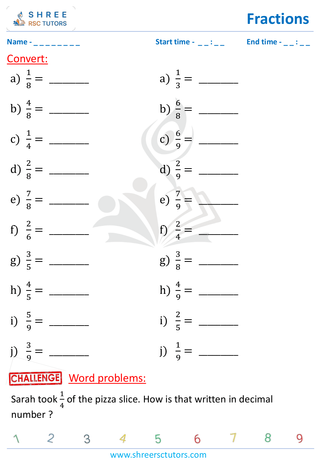 Grade 4  Maths worksheet: Rational numbers - Converting fractions to decimals (basic)