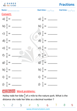 Grade 4  Maths worksheet: Rational numbers - Converting fractions to decimals (basic)