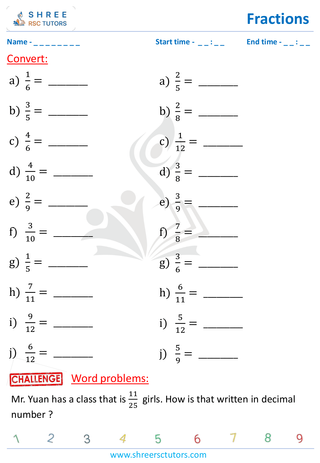 Grade 4  Maths worksheet: Rational numbers - Converting fractions to decimals (basic)