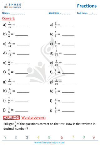 Grade 4  Maths worksheet: Rational numbers - Converting fractions to decimals (basic)