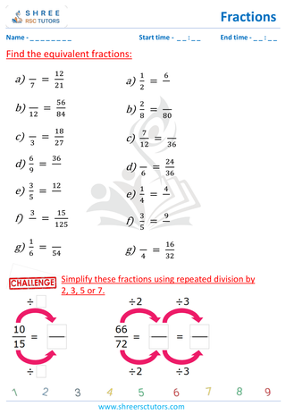 Grade 4  Maths worksheet: Rational numbers - Equivalent fraction