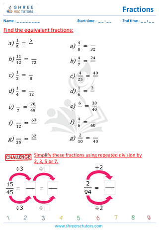 Grade 4  Maths worksheet: Rational numbers - Equivalent fraction