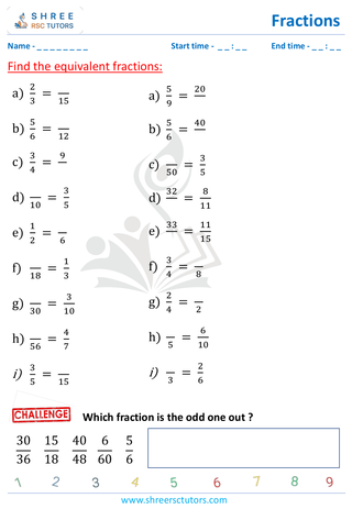 Grade 4  Maths worksheet: Rational numbers - Equivalent fraction