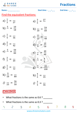 Grade 4  Maths worksheet: Rational numbers - Equivalent fraction