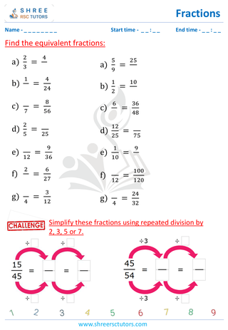 Grade 4  Maths worksheet: Rational numbers - Equivalent fraction