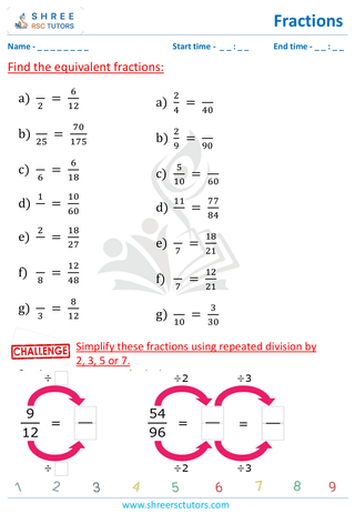 Grade 4  Maths worksheet: Rational numbers - Equivalent fraction