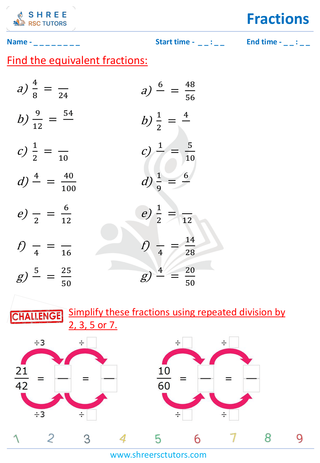 Grade 4  Maths worksheet: Rational numbers - Equivalent fraction