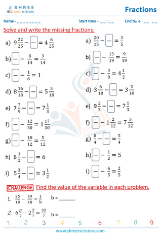 Grade 4  Maths worksheet: Rational numbers - Missing fractions: same denominators (all fractions)