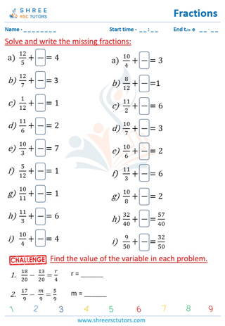 Grade 4  Maths worksheet: Rational numbers - Missing fractions: same denominators (all fractions)