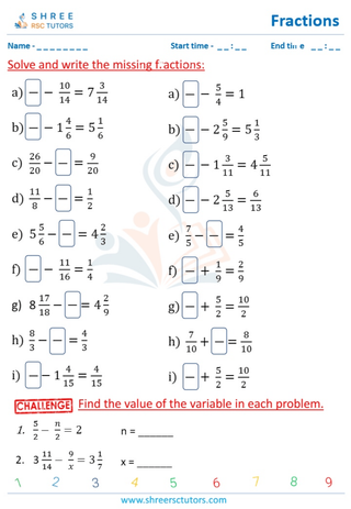 Grade 4  Maths worksheet: Rational numbers - Missing fractions: same denominators (all fractions)