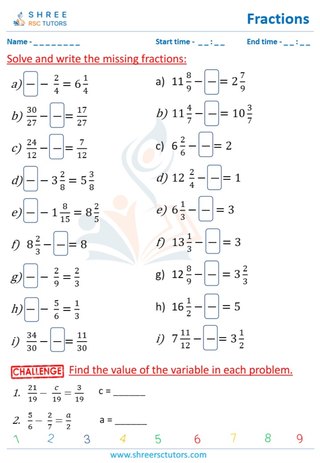 Grade 4  Maths worksheet: Rational numbers - Missing fractions: same denominators (all fractions)