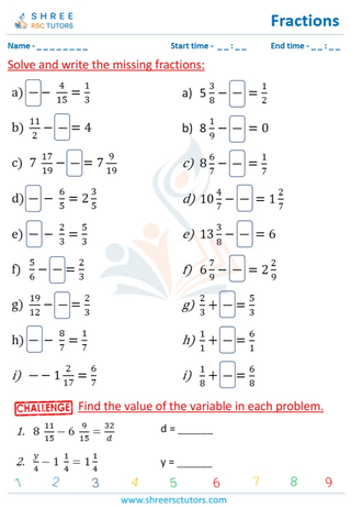 Grade 4  Maths worksheet: Rational numbers - Missing fractions: same denominators (all fractions)