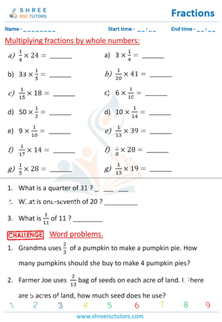 Grade 4  Maths worksheet: Rational numbers - Multiplying fractions by whole numbers