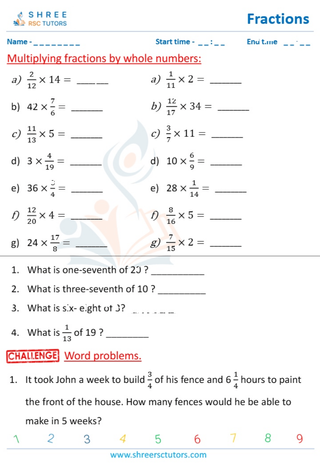 Grade 4  Maths worksheet: Rational numbers - Multiplying fractions by whole numbers