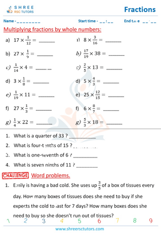 Grade 4  Maths worksheet: Rational numbers - Multiplying fractions by whole numbers