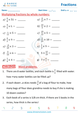 Grade 4  Maths worksheet: Rational numbers - Multiplying fractions by whole numbers