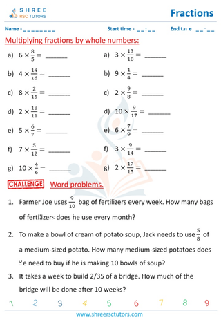 Grade 4  Maths worksheet: Rational numbers - Multiplying fractions by whole numbers