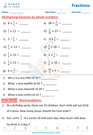 Grade 4  Maths worksheet: Rational numbers - Multiplying fractions by whole numbers