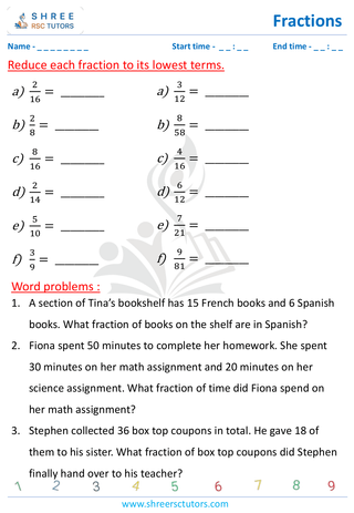 Grade 4  Maths worksheet: Rational numbers - Simplify the fractions