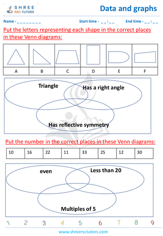 Grade 4  Maths worksheet: Statistics representations - Drawing Venn diagrams with universal sets