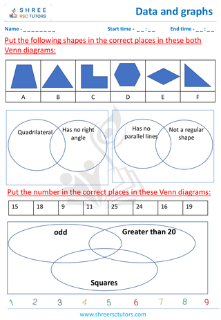 Grade 4  Maths worksheet: Statistics representations - Drawing Venn diagrams with universal sets