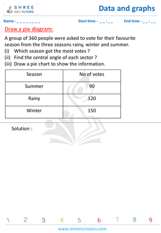 Grade 4  Maths worksheet: Statistics representations - Drawing pie graphs