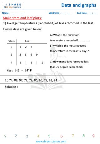 Grade 4  Maths worksheet: Statistics representations - Make stem and leaf plots