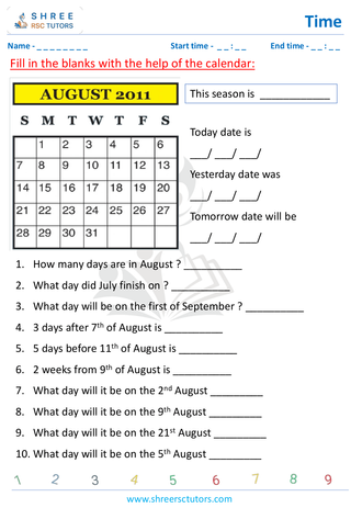 Grade 4  Maths worksheet: Time application - Calendar