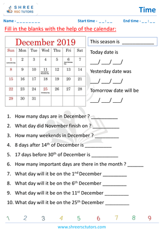 Grade 4  Maths worksheet: Time application - Calendar