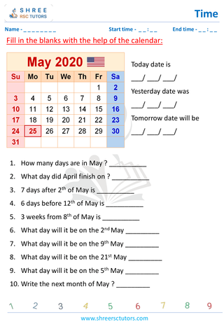 Grade 4  Maths worksheet: Time application - Calendar